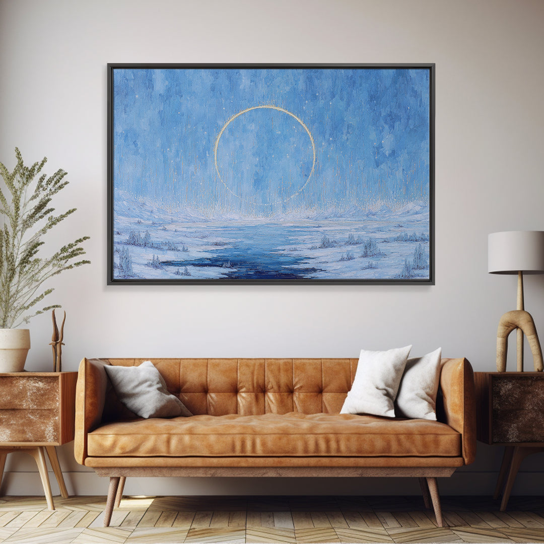 Blue Frozen Lake With Golden Ring Wall Art, Dreamy Landscape, Modern Canvas Art, Textured Blue Home Decor, Spiritual Gift