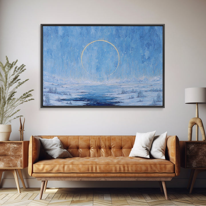 Blue Frozen Lake With Golden Ring Wall Art, Dreamy Landscape, Modern Canvas Art, Textured Blue Home Decor, Spiritual Gift