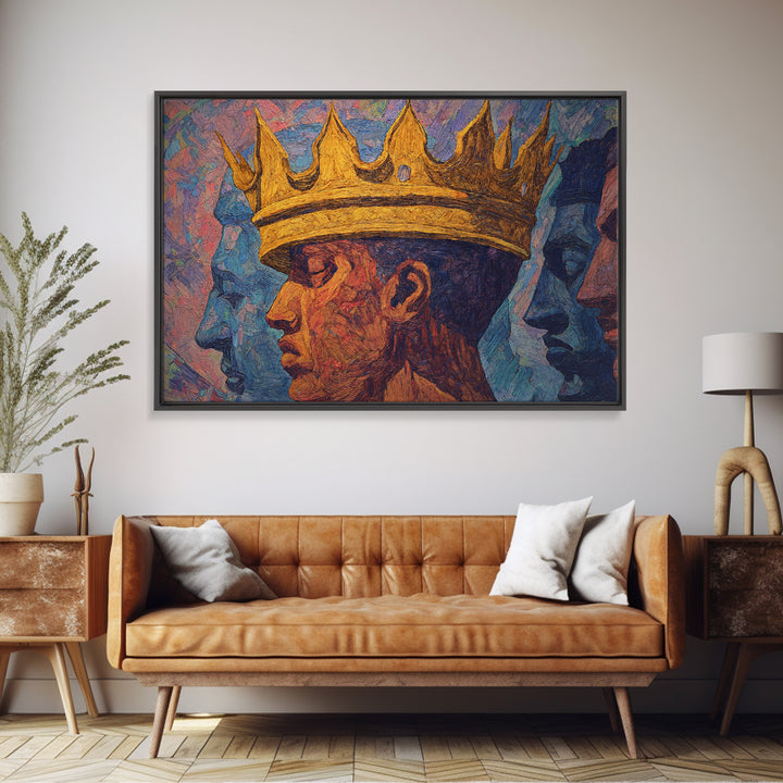 Crowned African King Portrait With Blue Spirit Faces Wall Art, Afrocentric Black History Gift, African American Art Decor