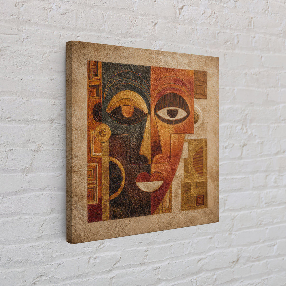 Minimalist African Line Art Faces on Parchment Canvas Print, African Inspired Art, African Wall Art, Living Room Decor, AIA-1x1-34