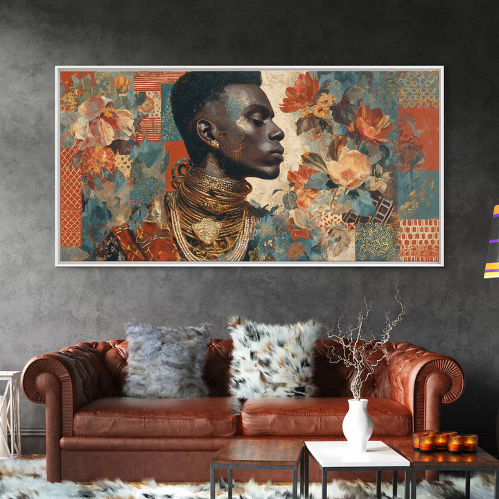 Expressive Portrait with Ornate Floral Background and Canvas Print, African Inspired Art, Abstract Art, Living Room Decor, AIA-2x1-49