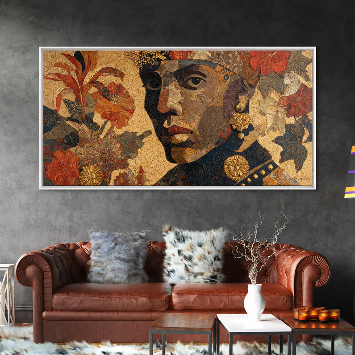 Expressive Portrait with Ornate Floral Background and Canvas Print, African Inspired Art, Abstract Art, Living Room Decor, AIA-2x1-73