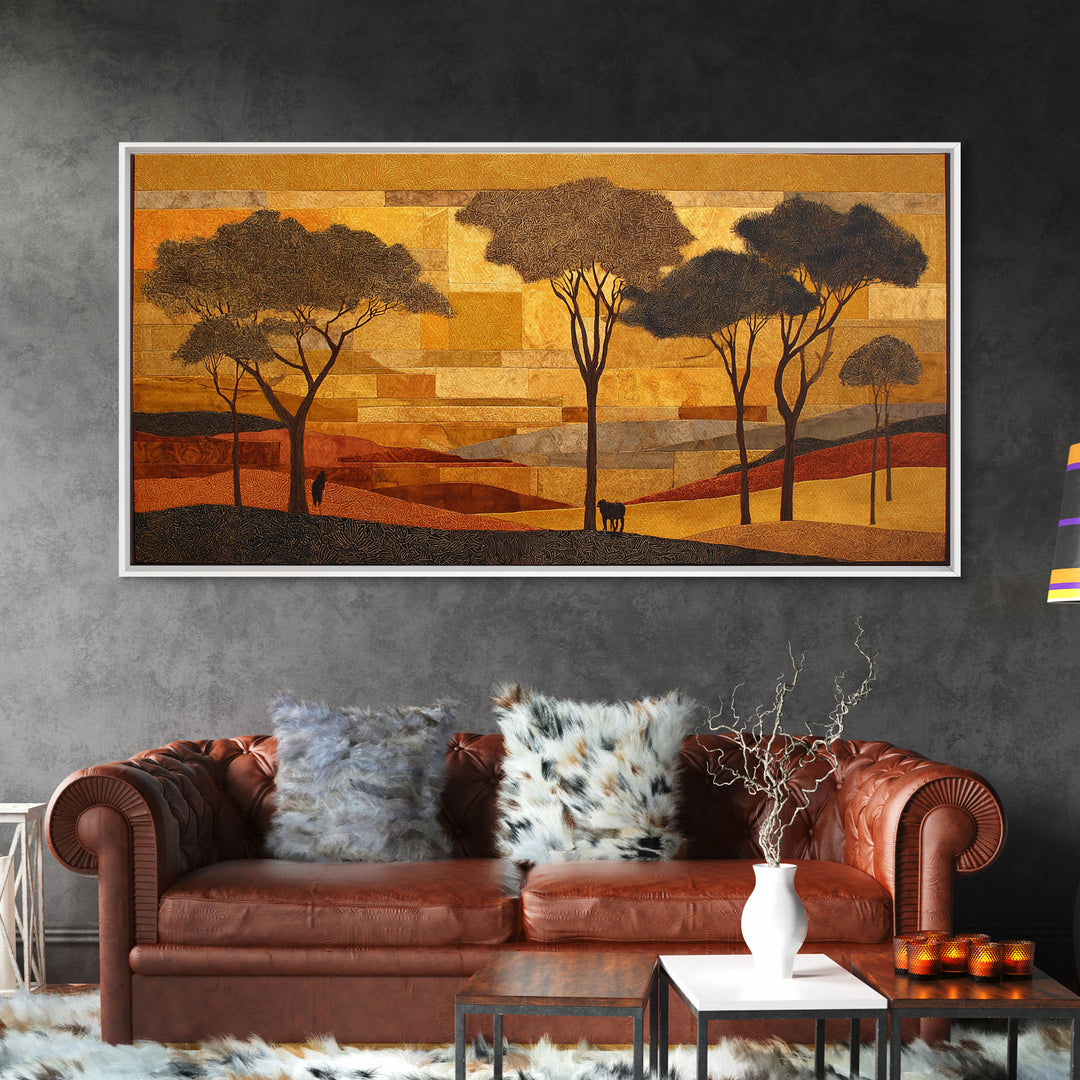 Safari Landscape with Acacia Trees and Golden Canvas Print, African Inspired Art, Bedroom Wall Decor, Living Room Decor, AIA-2x1-76