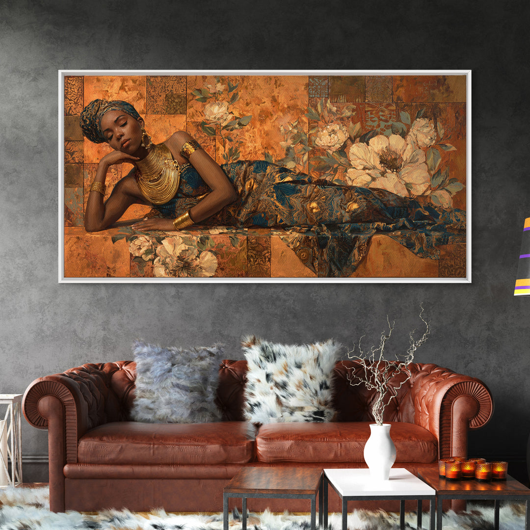 Expressive Portrait with Ornate Floral Background and Canvas Print, African Inspired Art, Modern Wall Art, Living Room Decor, AIA-2x1-97