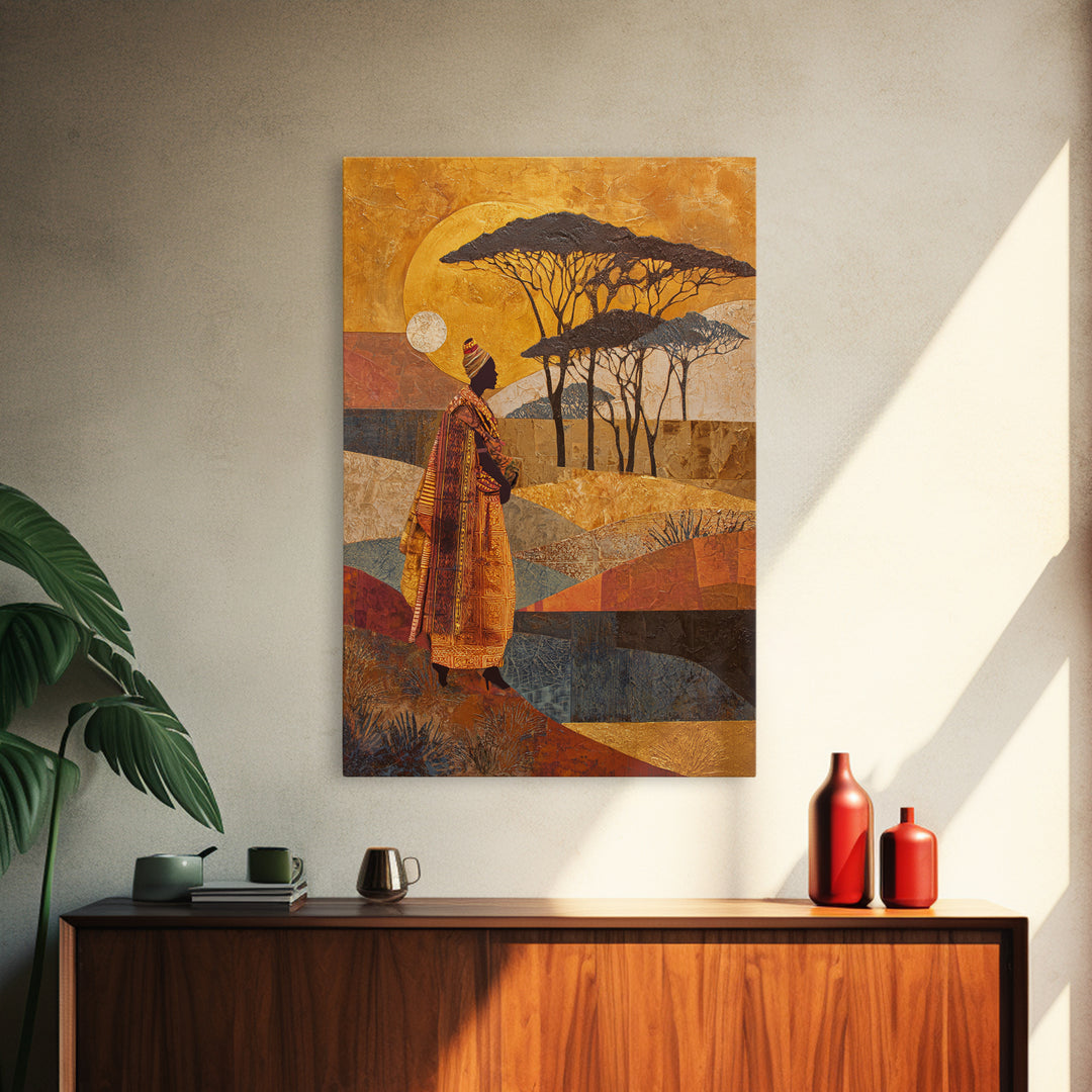 Safari Landscape with Acacia Trees and Golden Canvas Print, African Inspired Art, Botanical Wall Art, Living Room Decor, AIA-2x3-16