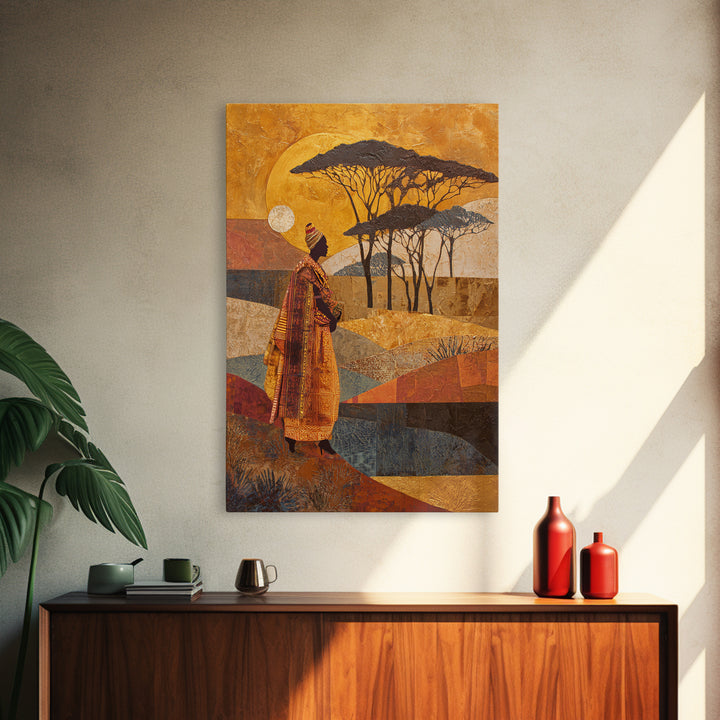 Safari Landscape with Acacia Trees and Golden Canvas Print, African Inspired Art, Botanical Wall Art, Living Room Decor, AIA-2x3-16