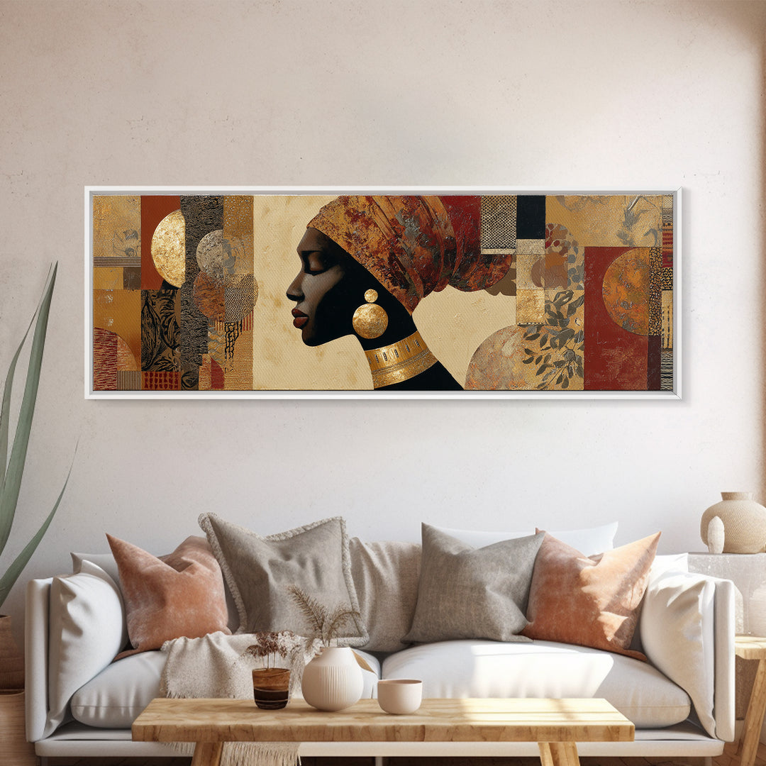 Regal African Queen Portrait Framed Canvas Print, African Inspired Art, Digital Art Prints, Living Room Decor, Oil Painting, AIA-3x1-17