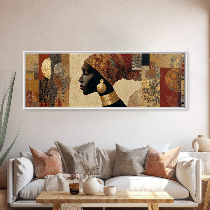 Regal African Queen Portrait Framed Canvas Print, African Inspired Art, Digital Art Prints, Living Room Decor, Oil Painting, AIA-3x1-17