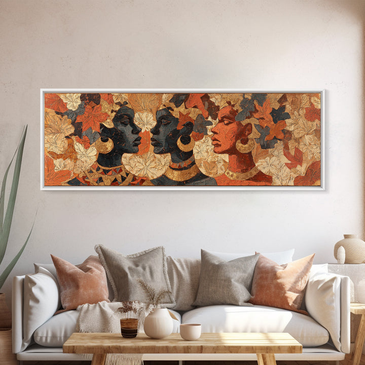 Expressive Portrait with Ornate Floral Background and Canvas Print, African Inspired Art, African Art, Living Room Decor, AIA-3x1-69