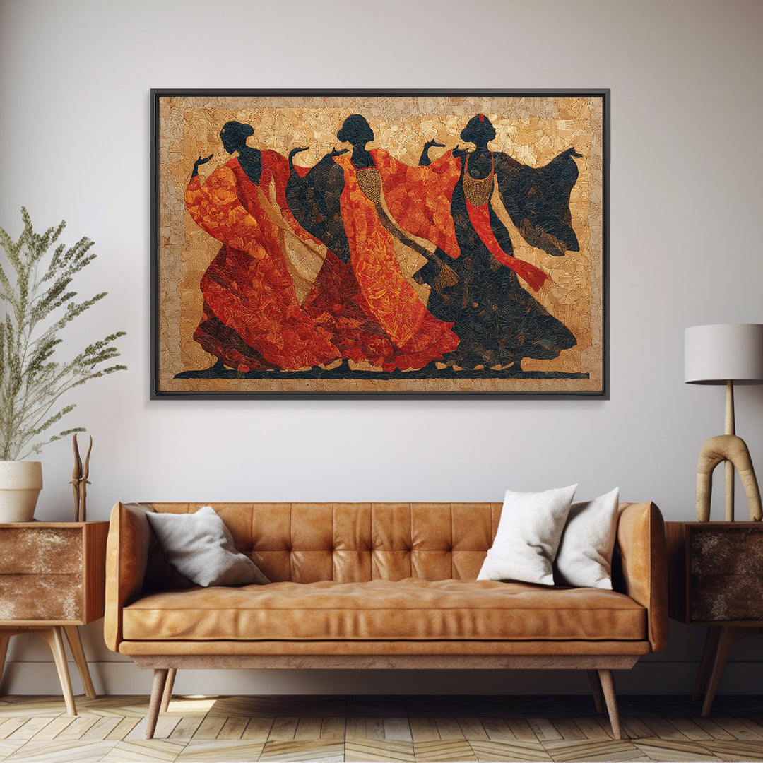 Ceremonial Dancers in Motion with Crimson and Canvas Print, African Inspired Art, Living Room Wall Art, Living Room Decor, AIA-3x2-70