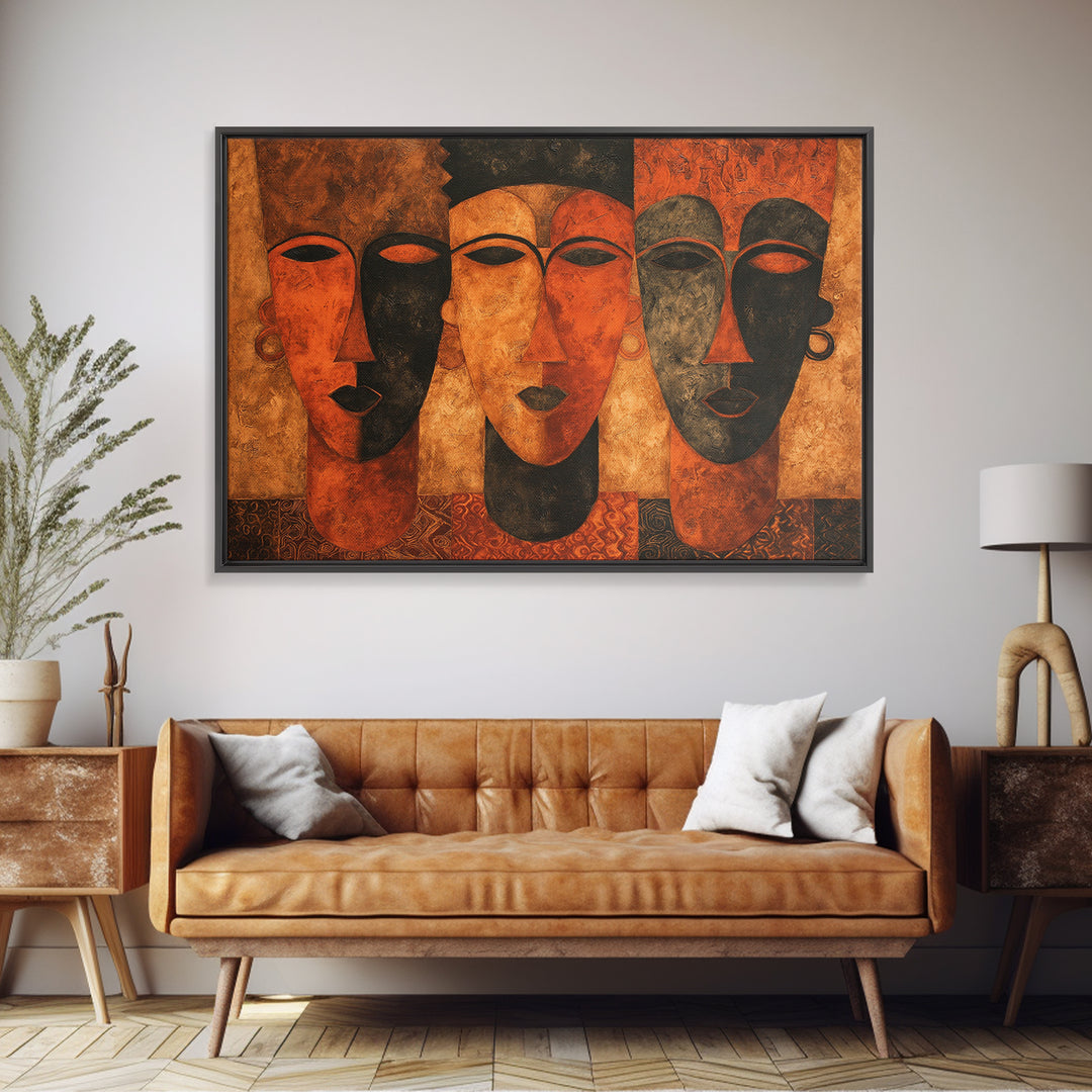 Minimalist African Line Art Faces on Parchment Canvas Print, African Inspired Art, Removable Wallpaper, Living Room Decor, AIA-3x2-86