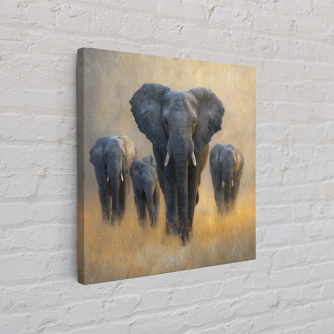 Elephant Family Walking Through Dusty Golden Light Canvas Print, Animal Art, Living Room Decor, Creature, Fine Art Print, ANI-1x1-14