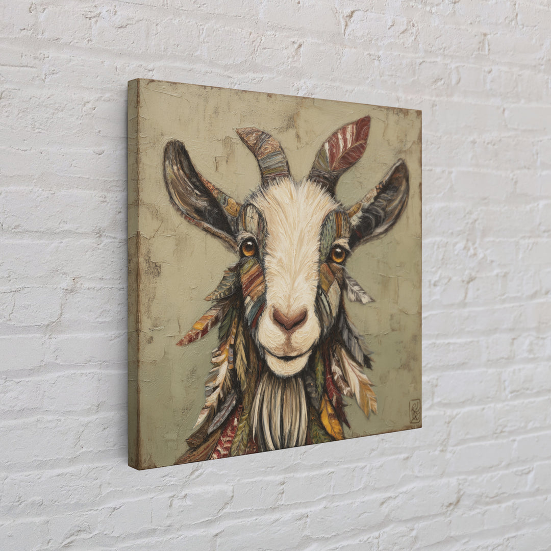 Goat Portrait with Rustic Folk Art Personality Framed Canvas Print, Animal Art, Cat Art, Living Room Decor, Fine Art, Creature, ANI-1x1-21