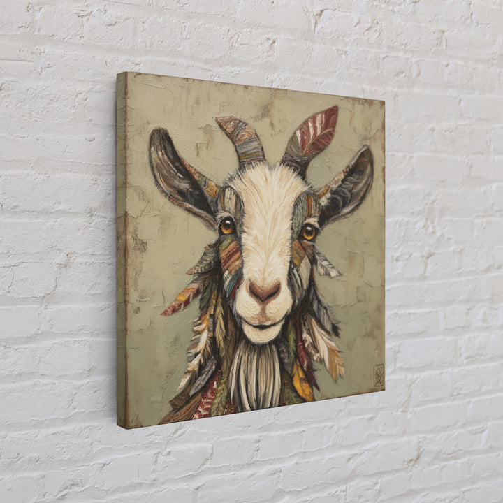 Goat Portrait with Rustic Folk Art Personality Framed Canvas Print, Animal Art, Cat Art, Living Room Decor, Fine Art, Creature, ANI-1x1-21