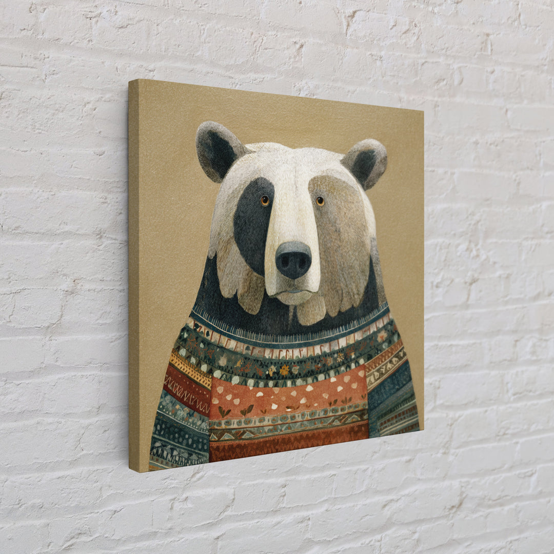 Whimsical Bear in a Patterned Sweater with Canvas Print, Animal Art, Modern Wall Art, Living Room Decor, Fine Art, Creature, ANI-1x1-26