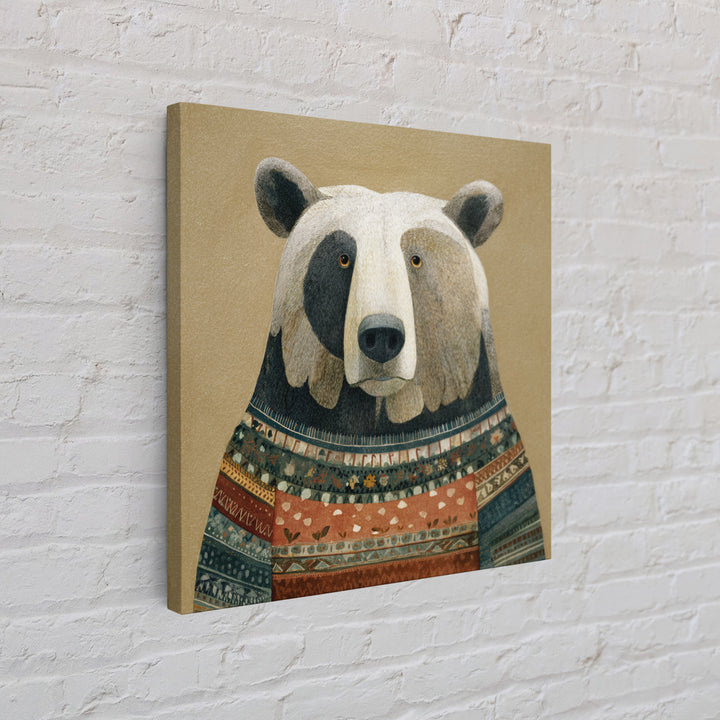 Whimsical Bear in a Patterned Sweater with Canvas Print, Animal Art, Modern Wall Art, Living Room Decor, Fine Art, Creature, ANI-1x1-26