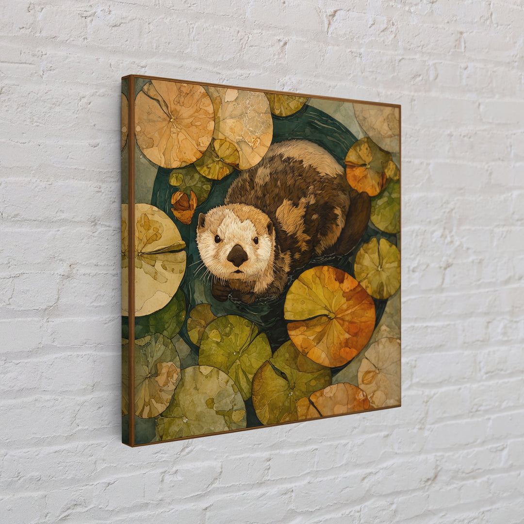 Playful Otter Floating Among Lily Pads Framed Canvas Print, Animal Art, Gallery Decor, Living Room Decor, Fine Art, Creature, ANI-1x1-32