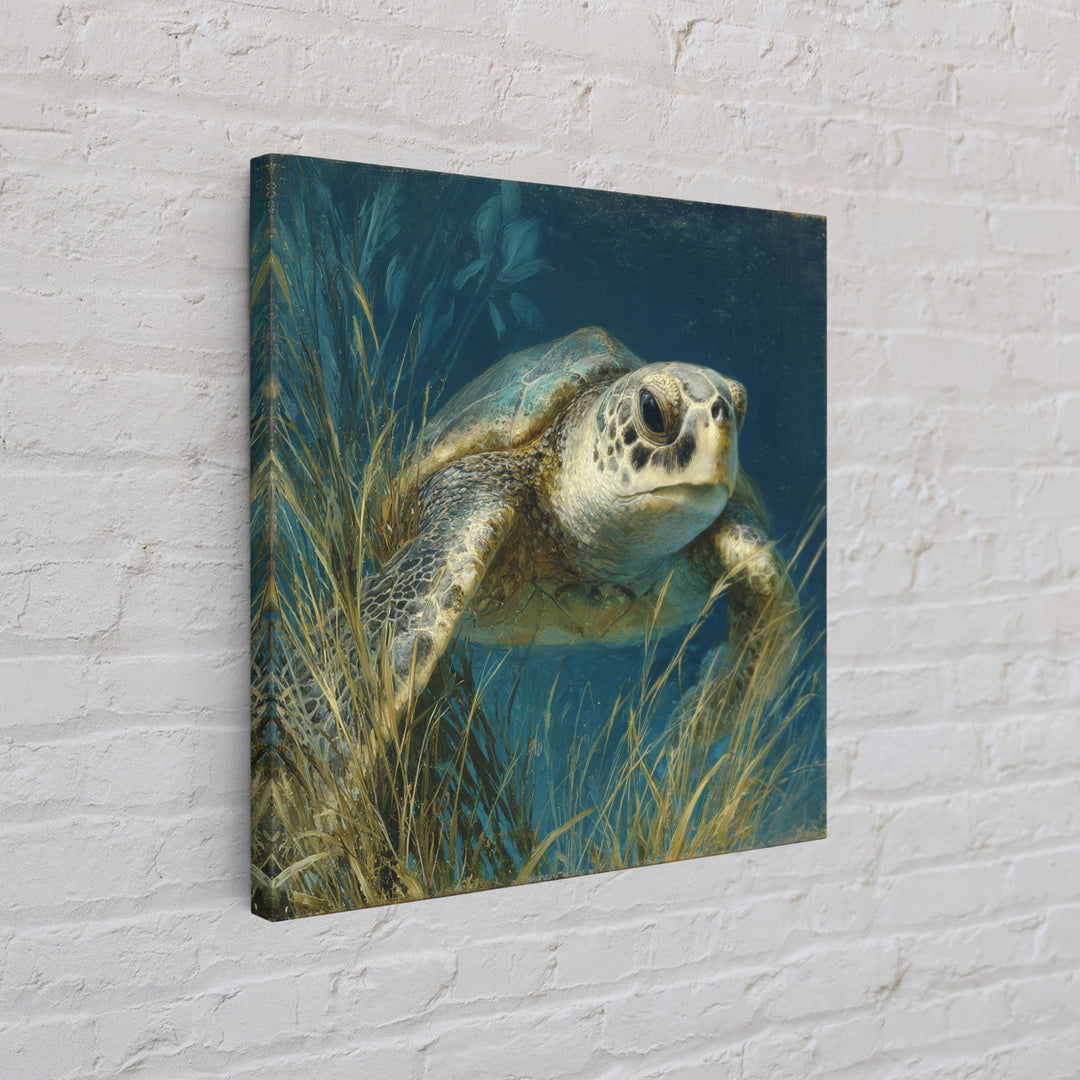 Sea Turtle Drifting Through Luminous Blue Water Canvas Print, Animal Art, Boho Wall Art, Living Room Decor, Creature, ANI-1x1-42