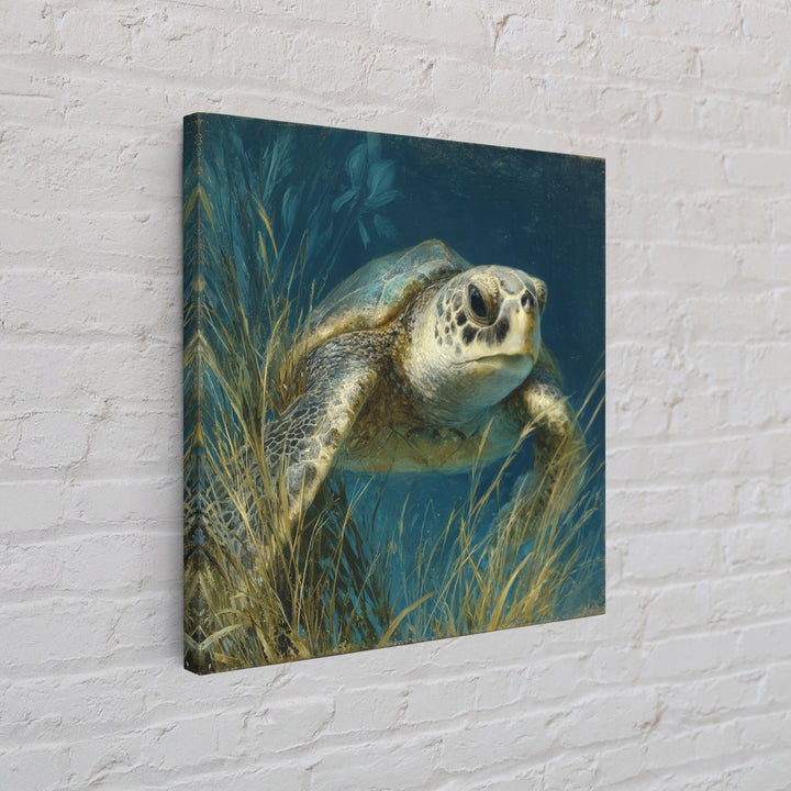 Sea Turtle Drifting Through Luminous Blue Water Canvas Print, Animal Art, Boho Wall Art, Living Room Decor, Creature, ANI-1x1-42