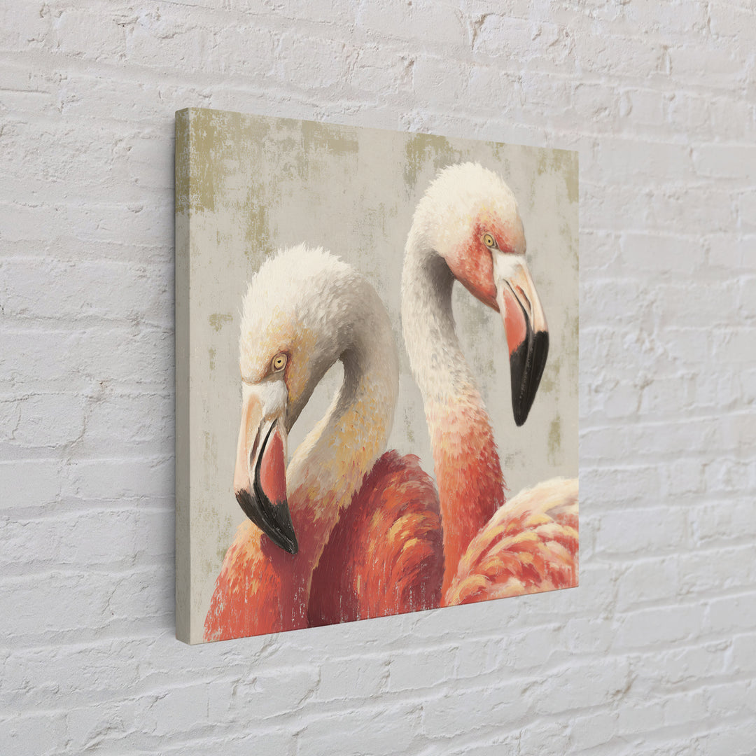 Flamingo Pair in Elegant Coral and Cream Framed Canvas Print, Animal Art, Farmhouse Decor, Living Room Decor, Oil Painting, ANI-1x1-43