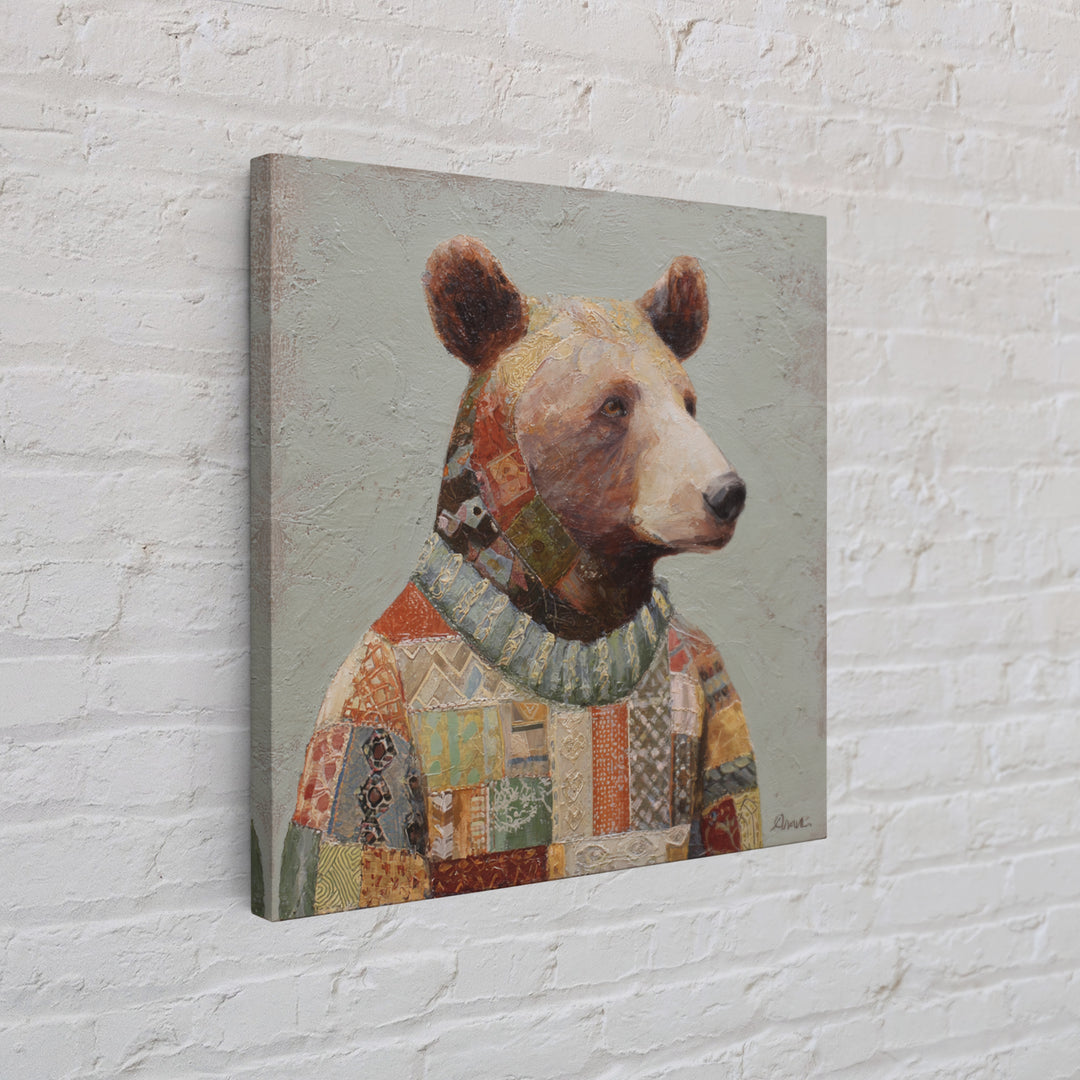 Whimsical Bear in a Patterned Sweater with Canvas Print, Animal Art, Modern Wall Art, Living Room Decor, Fine Art, Creature, ANI-1x1-50