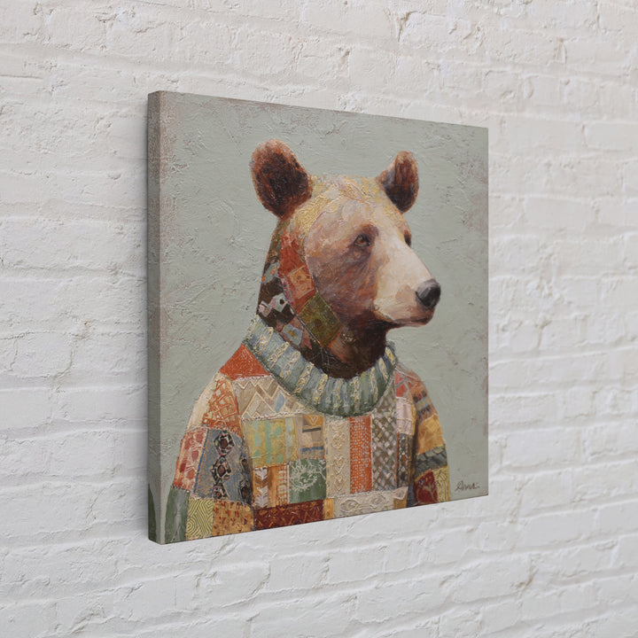 Whimsical Bear in a Patterned Sweater with Canvas Print, Animal Art, Modern Wall Art, Living Room Decor, Fine Art, Creature, ANI-1x1-50