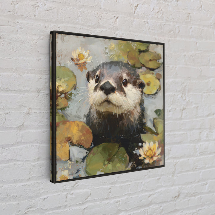 Playful Otter Floating Among Lily Pads Framed Canvas Print, Animal Art, Original Painting, Living Room Decor, Creature, ANI-1x1-56