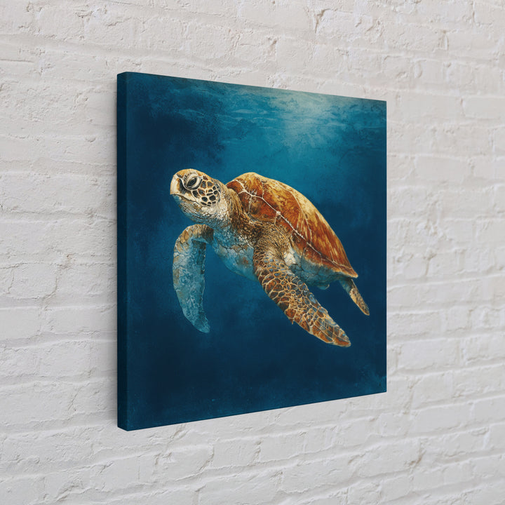 Sea Turtle Drifting Through Luminous Blue Water Canvas Print, Animal Art, Boho Wall Art, Living Room Decor, Creature, ANI-1x1-66