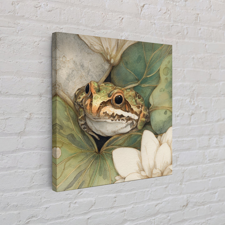 Frog on a Lotus Leaf Framed Canvas Print, Animal Art, Boho Wall Art, Living Room Decor, Oil Painting, Creature, ANI-1x1-68