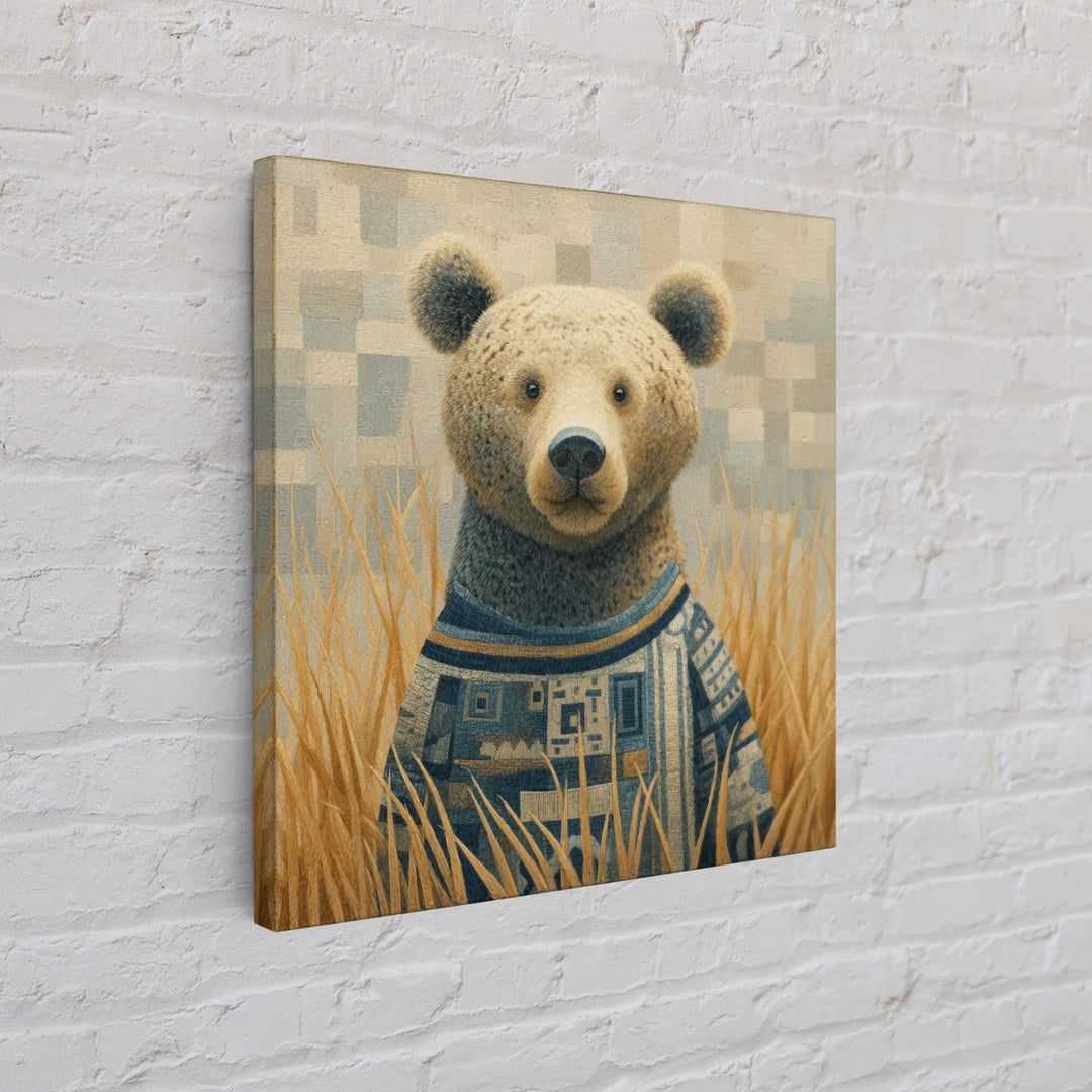 Whimsical Bear in a Patterned Sweater with Framed Canvas Print, Animal Art, Downloadable Art, Living Room Decor, Creature, ANI-1x1-74