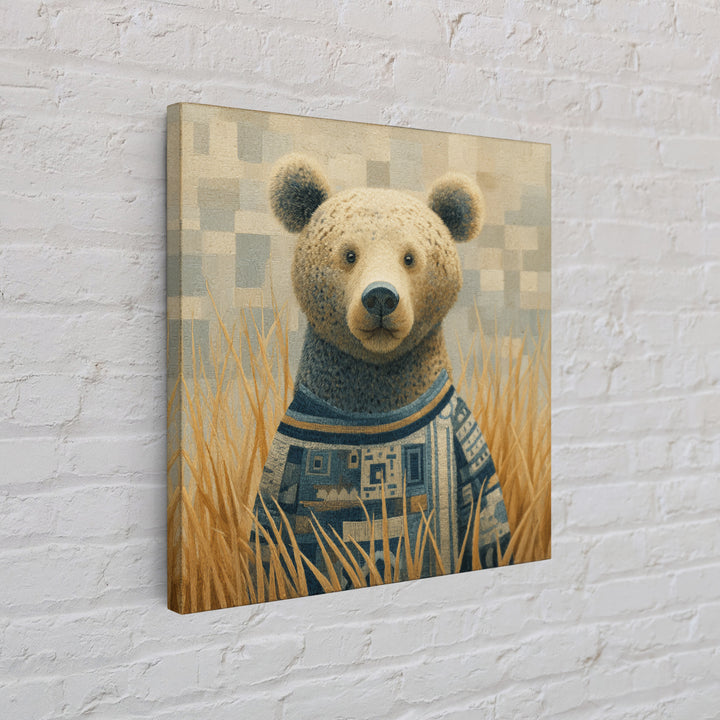 Whimsical Bear in a Patterned Sweater with Framed Canvas Print, Animal Art, Downloadable Art, Living Room Decor, Creature, ANI-1x1-74