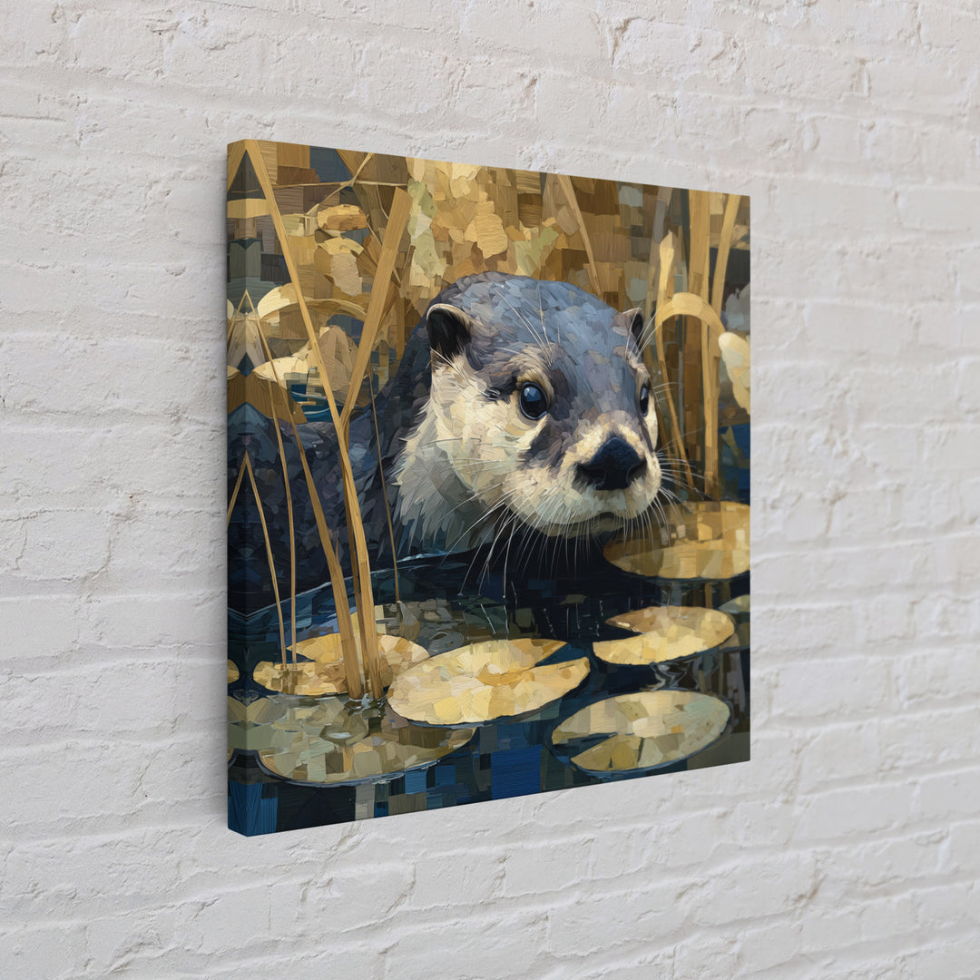 Playful Otter Floating Among Lily Pads Framed Canvas Print, Animal Art, Printable, Living Room Decor, Fine Art, Creature, ANI-1x1-8