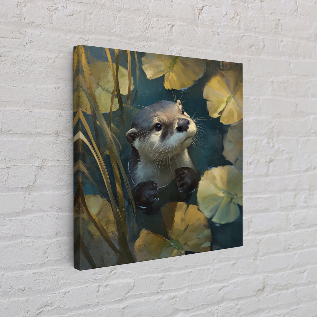Playful Otter Floating Among Lily Pads Framed Canvas Print, Animal Art, Modern Decor, Living Room Decor, Fine Art, Creature, ANI-1x1-80
