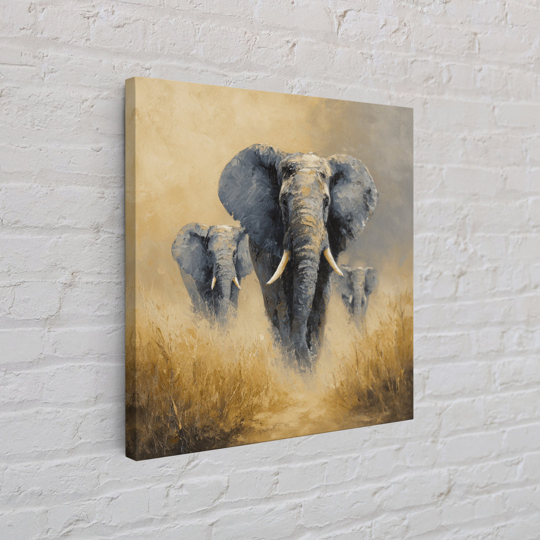 Elephant Family Walking Through Dusty Golden Light Canvas Print, Animal Art, Modern Decor, Living Room Decor, Creature, ANI-1x1-86