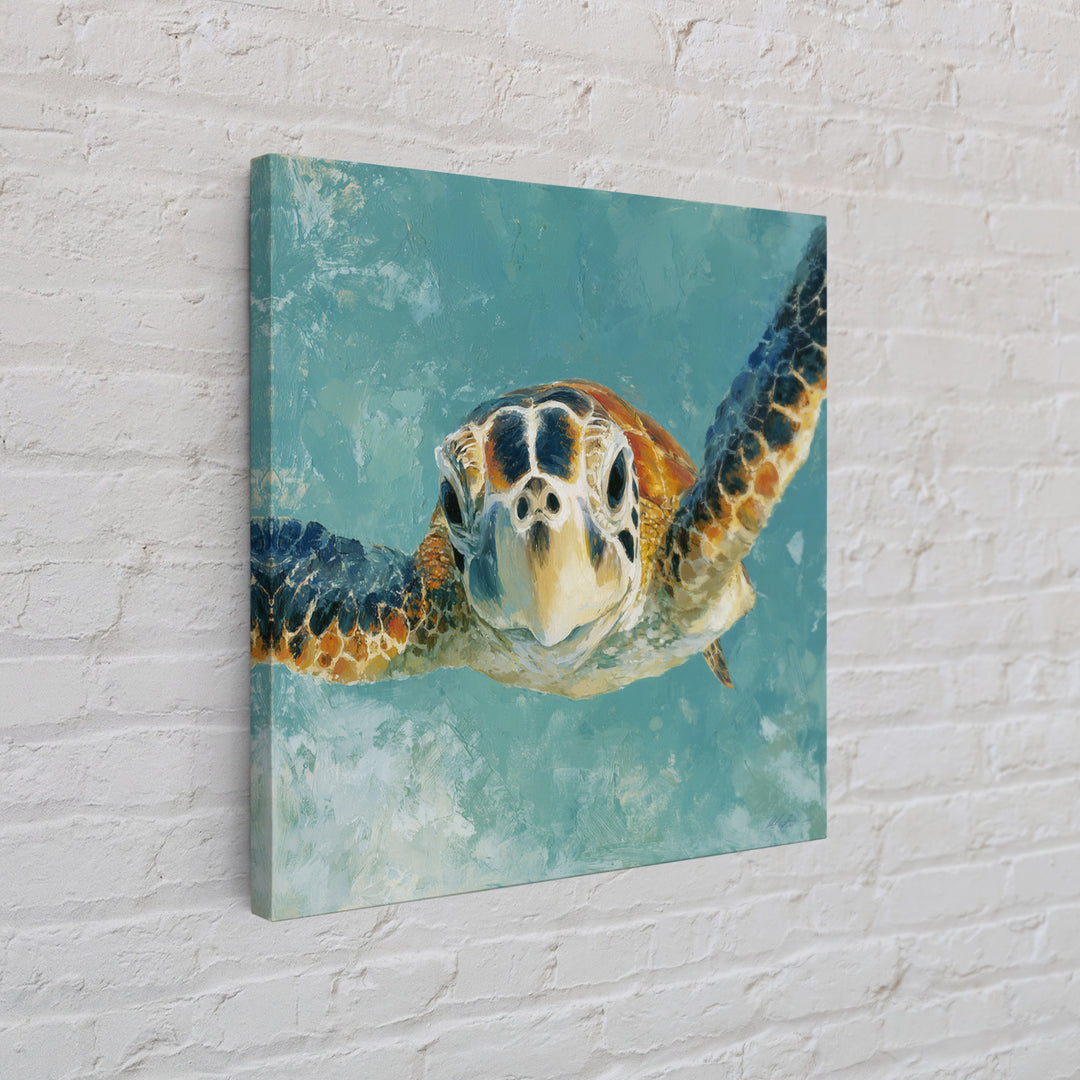 Sea Turtle Drifting Through Luminous Blue Water Canvas Print, Animal Art, Trendy Wall Art, Living Room Decor, Creature, ANI-1x1-90