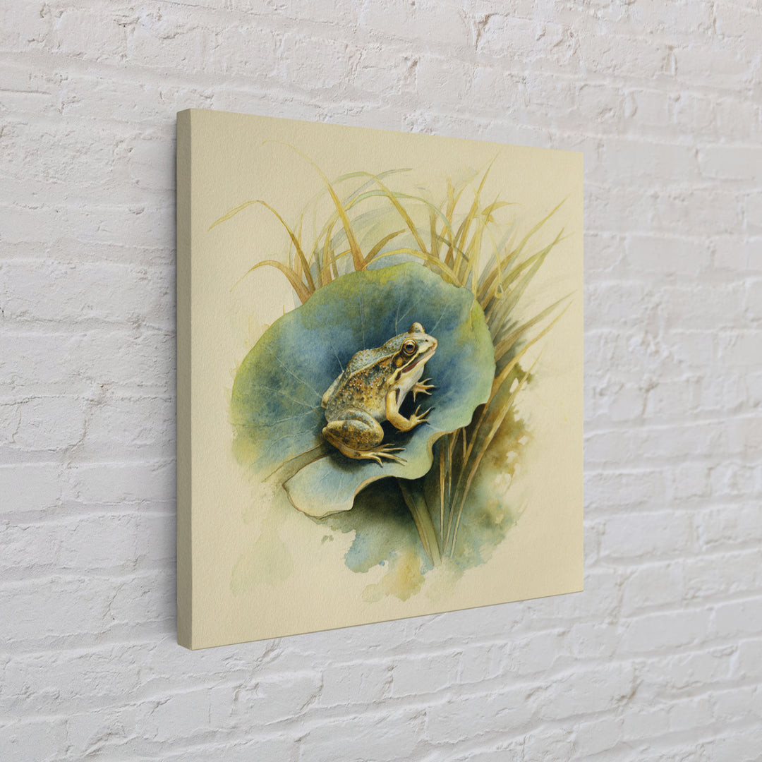 Frog on a Lotus Leaf Canvas Print, Animal Art, Trendy Wall Art, Living Room Decor, Watercolor Art, Creature, Textured Painting, ANI-1x1-92