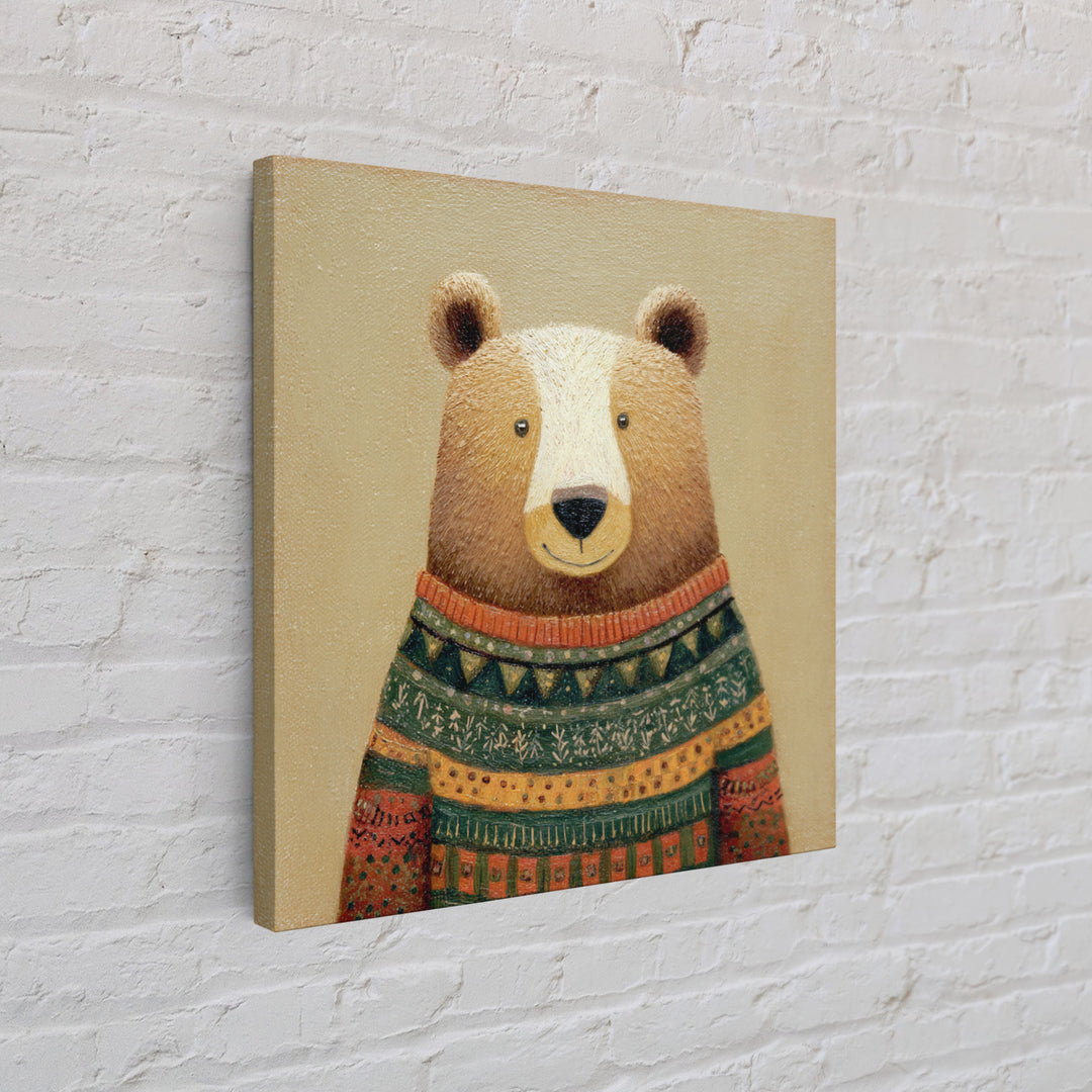 Whimsical Bear in a Patterned Sweater with Canvas Print, Animal Art, Boho Decor, Living Room Decor, Fine Art, Creature, ANI-1x1-98