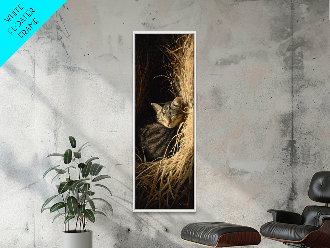 Sleeping Cat Curled Framed Canvas Print, Animal Art, Art Print, Living Room Decor, Fine Art, Creature, Digital Art, Printable, ANI-1x3-24