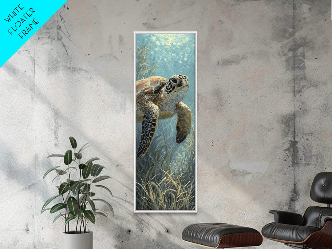 Sea Turtle Drifting Through Luminous Blue Water Canvas Print, Animal Art, Modern Wall Art, Living Room Decor, Creature, ANI-1x3-30