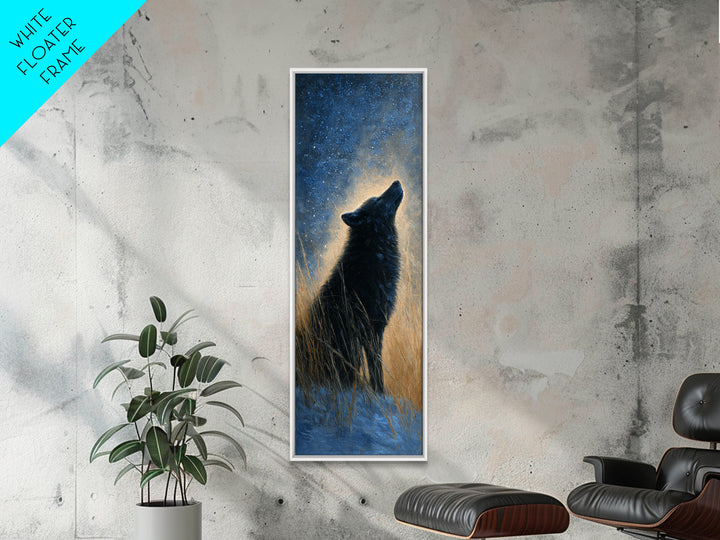 Wolf Silhouette Beneath a Star Filled Sky Framed Canvas Print, Animal Art, Nursery Art, Living Room Decor, Watercolor Art, ANI-1x3-58