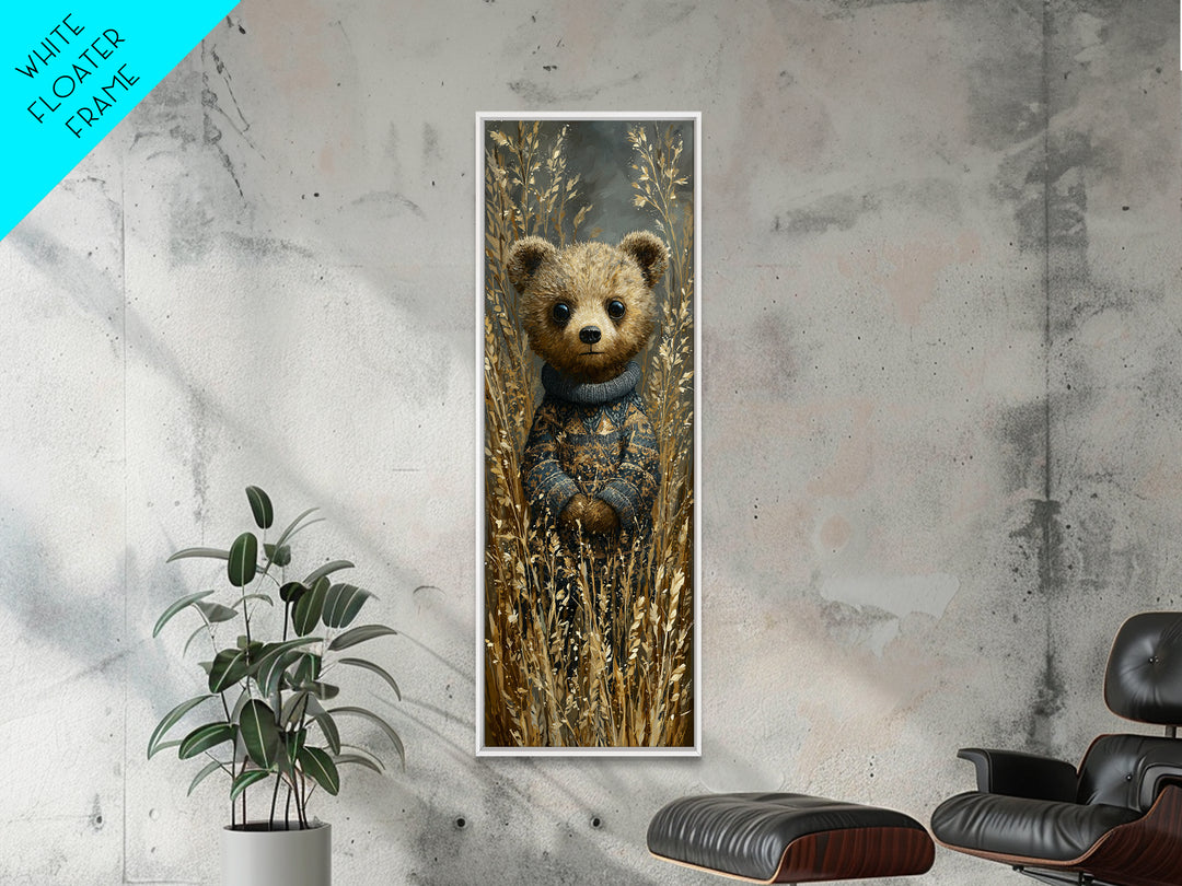Whimsical Bear in a Patterned Sweater with Framed Canvas Print, Animal Art, Neutral Decor, Living Room Decor, Creature, ANI-1x3-62