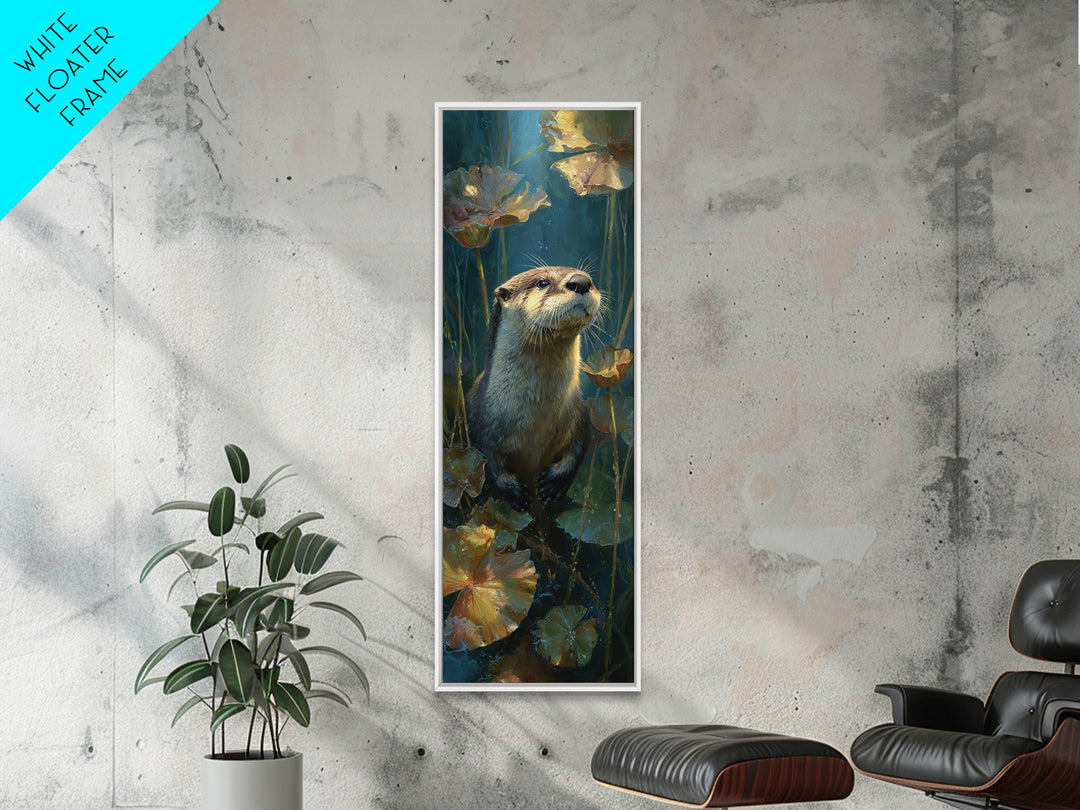 Playful Otter Floating Among Lily Pads Canvas Print, Animal Art, Oil Painting, Living Room Decor, Fine Art, Creature, ANI-1x3-68