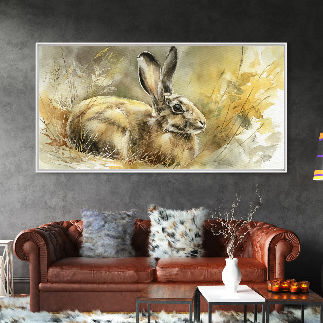 Curious Rabbit in a Soft Watercolor Meadow Framed Canvas Print, Animal Art, Living Room Decor, Oil Painting, Creature, ANI-2x1-1
