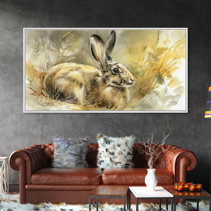 Curious Rabbit in a Soft Watercolor Meadow Framed Canvas Print, Animal Art, Living Room Decor, Oil Painting, Creature, ANI-2x1-1