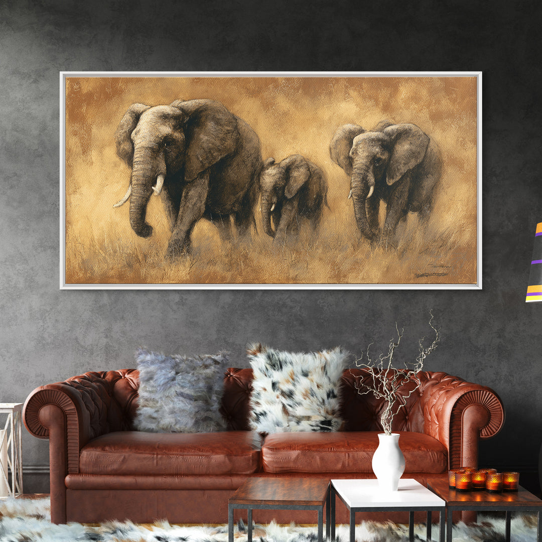 Elephant Family Walking Through Dusty Golden Light Framed Canvas Print, Animal Art, Art Print, Living Room Decor, Creature, ANI-2x1-10