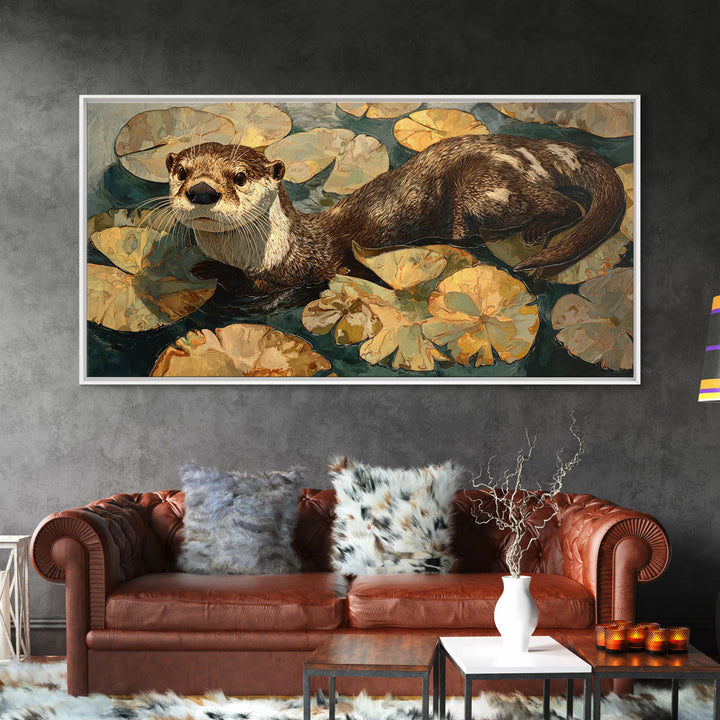 Playful Otter Floating Among Lily Pads Framed Canvas Print, Animal Art, Living Room Decor, Fine Art, Creature, Fine Art Print, ANI-2x1-100