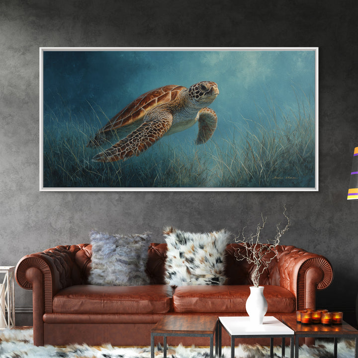 Sea Turtle Drifting Through Luminous Blue Water Canvas Print, Animal Art, Fine Art Print, Living Room Decor, Creature, ANI-2x1-14