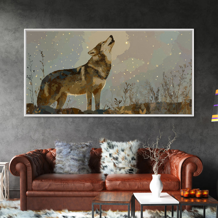 Wolf Silhouette Beneath a Star Filled Sky Framed Canvas Print, Animal Art, Statement Artwork, Living Room Decor, Creature, ANI-2x1-18