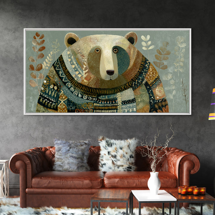 Whimsical Bear in a Patterned Sweater with Canvas Print, Animal Art, Boho Decor, Living Room Decor, Fine Art, Creature, ANI-2x1-22