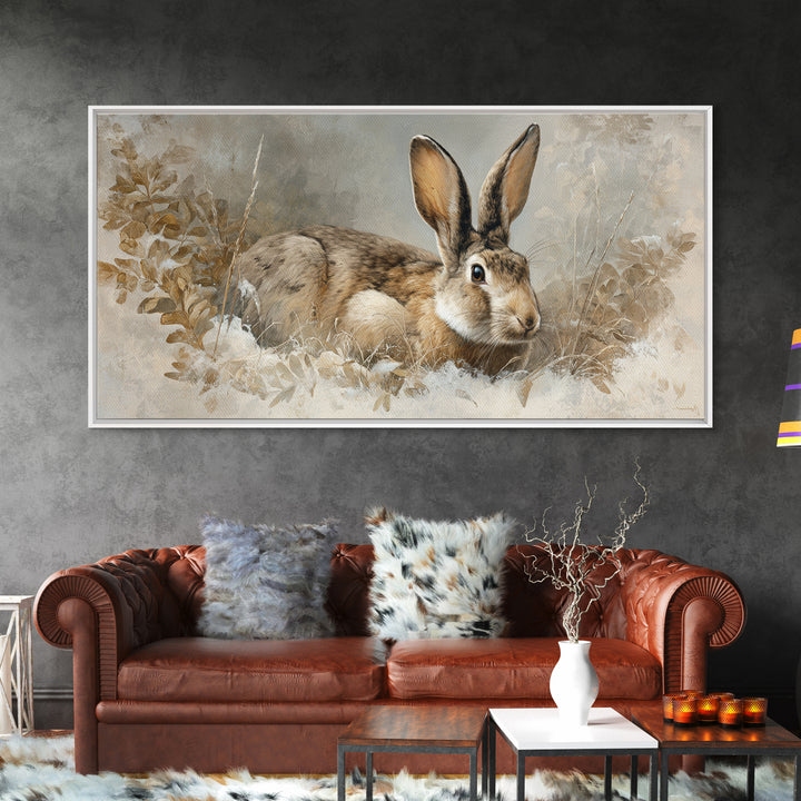 Curious Rabbit in a Soft Watercolor Meadow Framed Canvas Print, Animal Art, Living Room Decor, Oil Painting, Creature, ANI-2x1-25